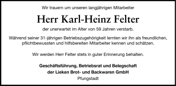 Traueranzeige von Karl-Heinz Felter von Echo-Zeitungen (Gesamtausgabe)