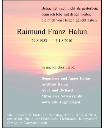 Traueranzeige von Raimund Franz Halund von Darmstädter Echo, Odenwälder Echo, Rüsselsheimer Echo, Groß-Gerauer-Echo, Ried Echo