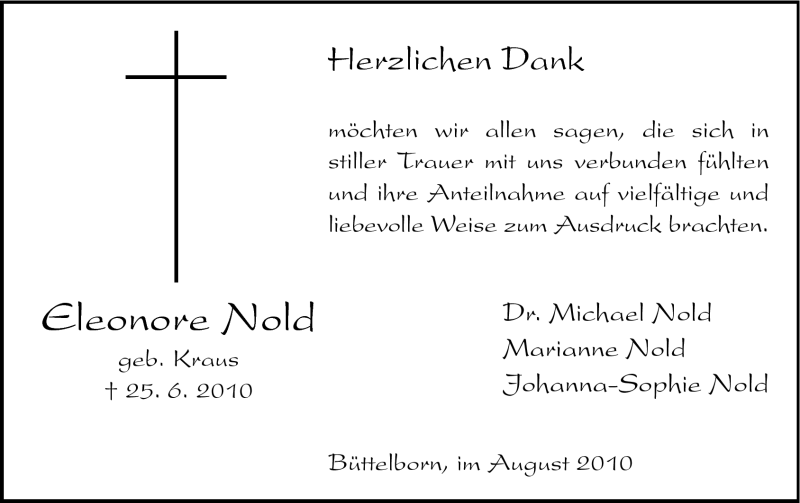  Traueranzeige für Eleonore Nold vom 07.08.2010 aus Rüsselsheimer Echo, Groß-Gerauer-Echo, Ried Echo