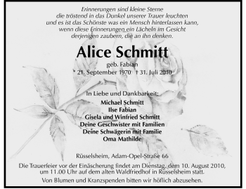 Traueranzeige von Alice Schmitt von Rüsselsheimer Echo, Groß-Gerauer-Echo, Ried Echo