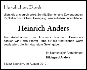 Traueranzeige von Heinrich Anders von Echo-Zeitungen (Gesamtausgabe)
