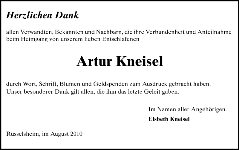  Traueranzeige für Artur Kneisel vom 07.08.2010 aus Rüsselsheimer Echo, Groß-Gerauer-Echo, Ried Echo