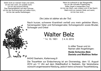 Traueranzeige von Walter Belz von Echo-Zeitungen (Gesamtausgabe)