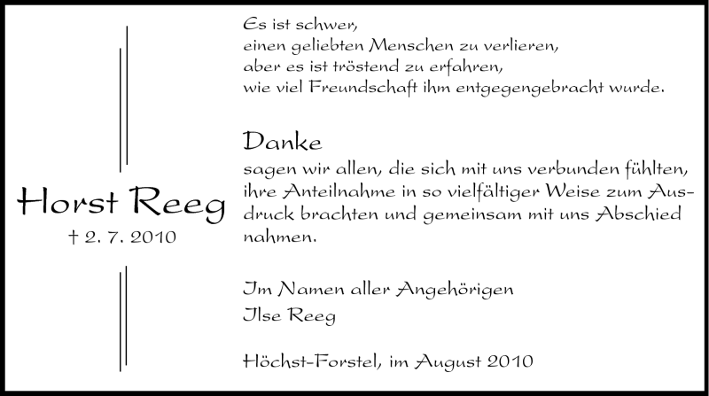  Traueranzeige für Horst Reeg vom 07.08.2010 aus Odenwälder Echo
