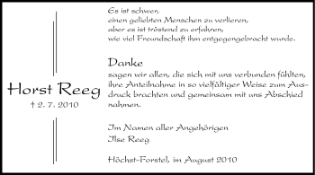 Traueranzeige von Horst Reeg von Odenwälder Echo