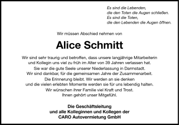 Traueranzeige von Alice Schmitt von Darmstädter Echo, Odenwälder Echo, Rüsselsheimer Echo, Groß-Gerauer-Echo, Ried Echo