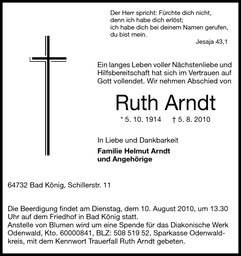  Traueranzeige für Ruth Arndt vom 07.08.2010 aus Odenwälder Echo