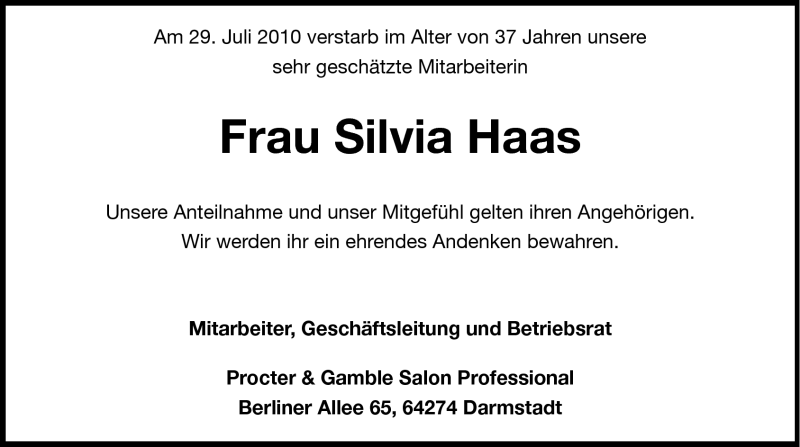  Traueranzeige für Silvia Haas vom 06.08.2010 aus Echo-Zeitungen (Gesamtausgabe)