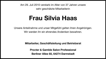 Traueranzeige von Silvia Haas von Echo-Zeitungen (Gesamtausgabe)