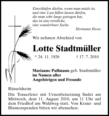 Traueranzeige von Lotte Stadtmüller von Rüsselsheimer Echo, Groß-Gerauer-Echo, Ried Echo