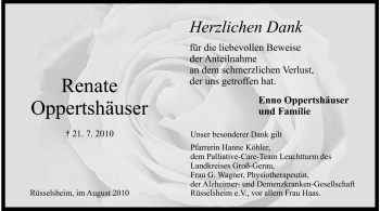 Traueranzeige von Renate Oppersthäuser von Rüsselsheimer Echo, Groß-Gerauer-Echo, Ried Echo