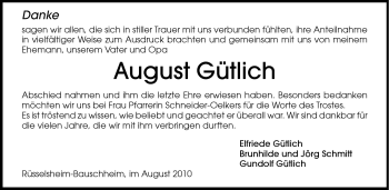 Traueranzeige von August Gütlich von Rüsselsheimer Echo, Groß-Gerauer-Echo, Ried Echo