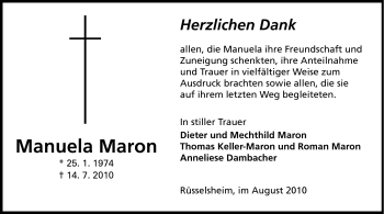 Traueranzeige von Manuela Maron von Rüsselsheimer Echo, Groß-Gerauer-Echo, Ried Echo