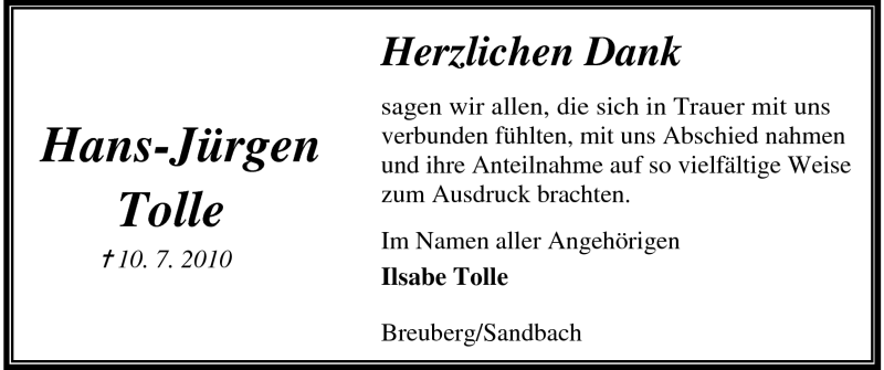  Traueranzeige für Hans Jürgen Tolle vom 07.08.2010 aus Odenwälder Echo