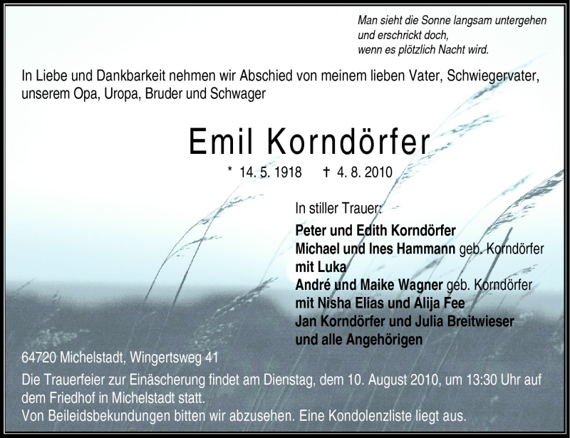  Traueranzeige für Emil Korndörfer vom 07.08.2010 aus Odenwälder Echo