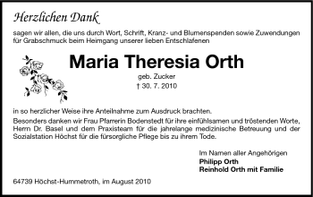 Traueranzeige von Maria Theresia Orth von Odenwälder Echo