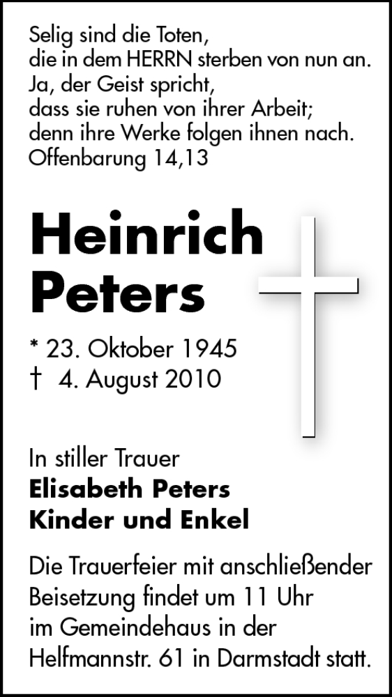  Traueranzeige für Heinrich Peters vom 07.08.2010 aus Echo-Zeitungen (Gesamtausgabe)