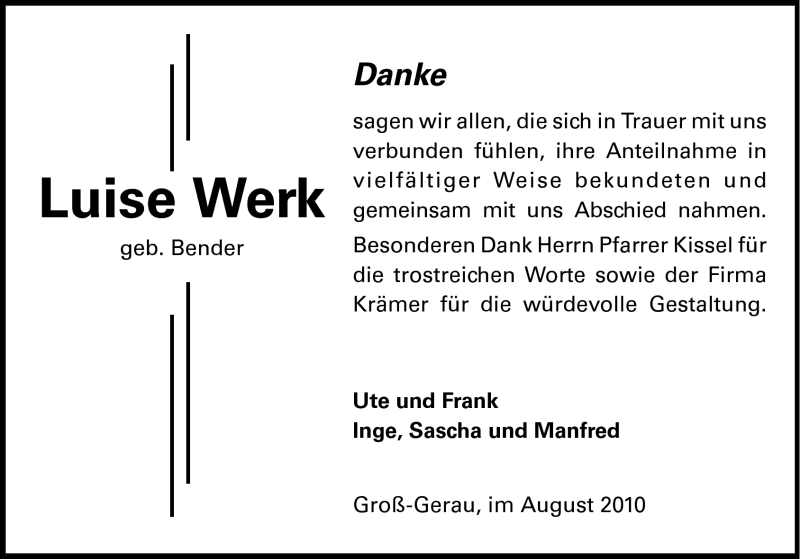 Traueranzeige für Luise Werk vom 07.08.2010 aus Rüsselsheimer Echo, Groß-Gerauer-Echo, Ried Echo