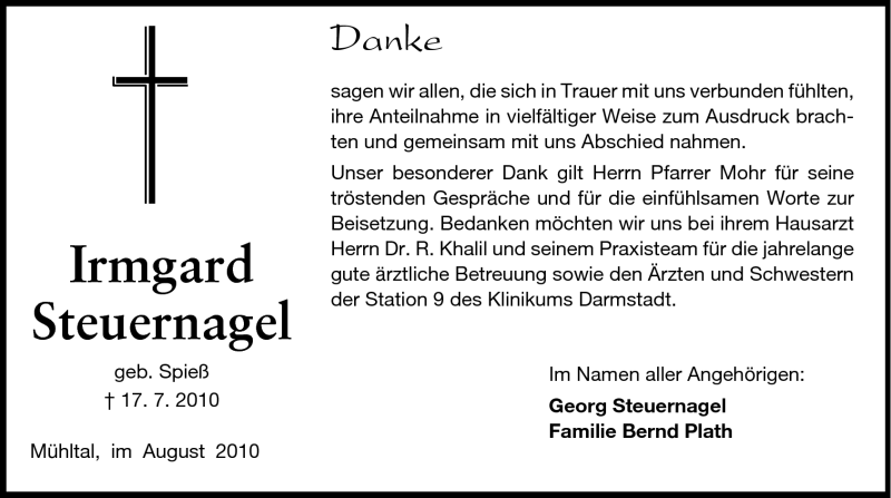  Traueranzeige für Irmgard Steuernagel vom 12.08.2010 aus Darmstädter Echo, Odenwälder Echo, Rüsselsheimer Echo, Groß-Gerauer-Echo, Ried Echo