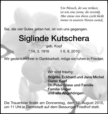 Traueranzeige von Siglinde Kutschera von Darmstädter Echo, Odenwälder Echo, Rüsselsheimer Echo, Groß-Gerauer-Echo, Ried Echo