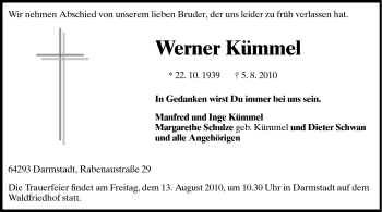 Traueranzeige von Werner Kümmel von Darmstädter Echo, Odenwälder Echo, Rüsselsheimer Echo, Groß-Gerauer-Echo, Ried Echo