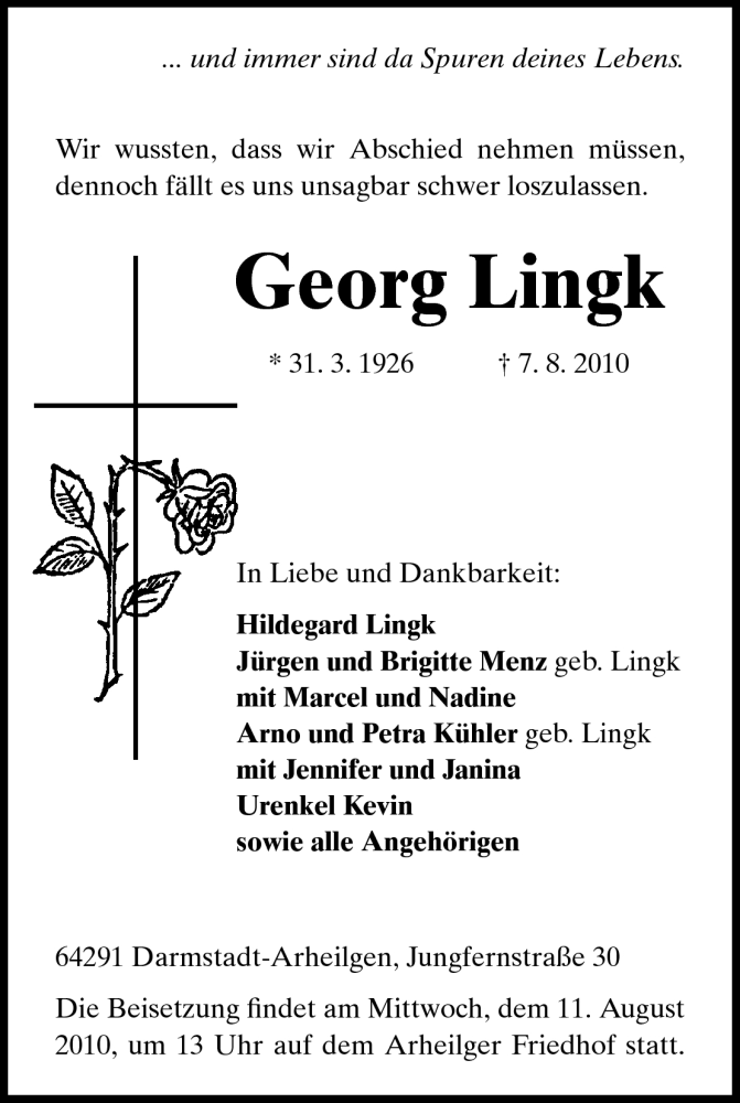  Traueranzeige für Georg Lingk vom 10.08.2010 aus Echo-Zeitungen (Gesamtausgabe)