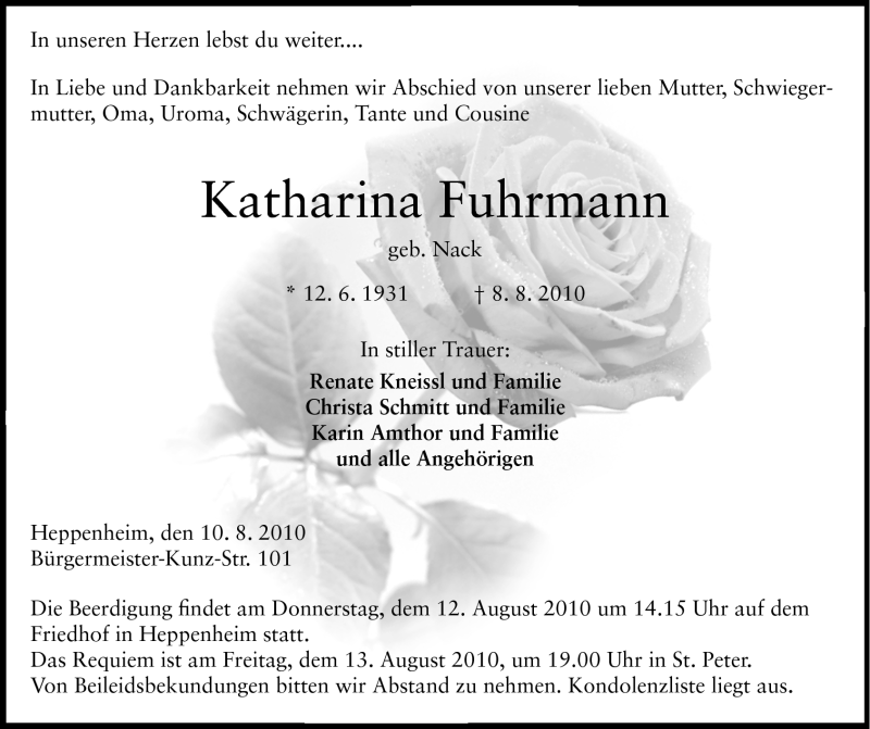 Traueranzeige für Katharina Fuhrmann vom 10.08.2010 aus Starkenburger Echo