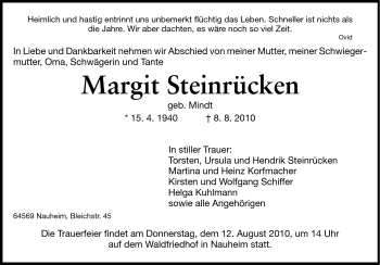 Traueranzeige von Margit Steinrücken von Rüsselsheimer Echo, Groß-Gerauer-Echo, Ried Echo