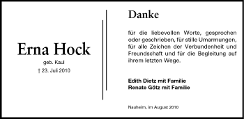 Traueranzeige von Erna Hock von Rüsselsheimer Echo, Groß-Gerauer-Echo, Ried Echo
