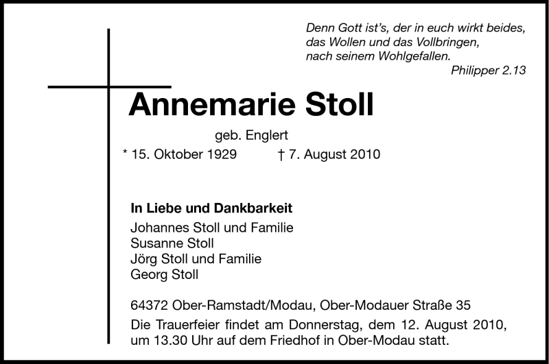  Traueranzeige für Annemarie Stoll vom 10.08.2010 aus Darmstädter Echo, Odenwälder Echo, Rüsselsheimer Echo, Groß-Gerauer-Echo, Ried Echo