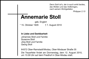 Traueranzeige von Annemarie Stoll von Darmstädter Echo, Odenwälder Echo, Rüsselsheimer Echo, Groß-Gerauer-Echo, Ried Echo