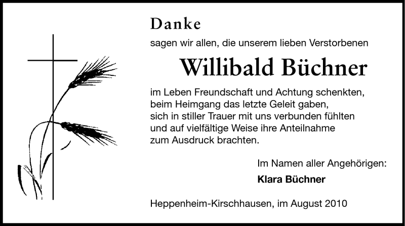  Traueranzeige für Willibald Büchner vom 12.08.2010 aus Starkenburger Echo