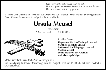 Traueranzeige von Ursula Meusel von Darmstädter Echo, Odenwälder Echo, Rüsselsheimer Echo, Groß-Gerauer-Echo, Ried Echo