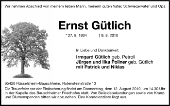 Traueranzeige von Ernst Gütlich von Rüsselsheimer Echo, Groß-Gerauer-Echo, Ried Echo