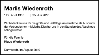 Traueranzeige von Marlis Wiedenroth von Echo-Zeitungen (Gesamtausgabe)