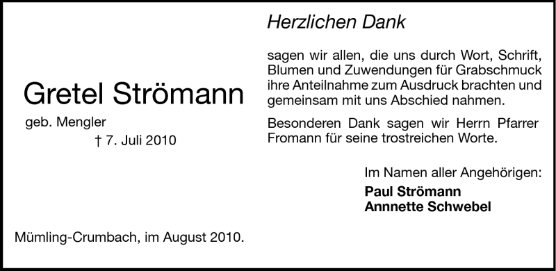  Traueranzeige für Gretel Strömann vom 11.08.2010 aus Echo-Zeitungen (Gesamtausgabe)