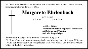 Traueranzeige von Margarete Ehrlenbach von Rüsselsheimer Echo, Groß-Gerauer-Echo, Ried Echo