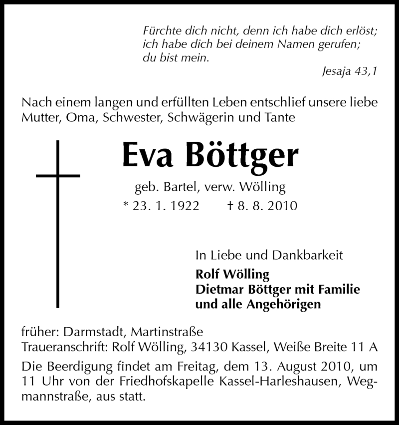  Traueranzeige für Eva Böttger vom 11.08.2010 aus Echo-Zeitungen (Gesamtausgabe)