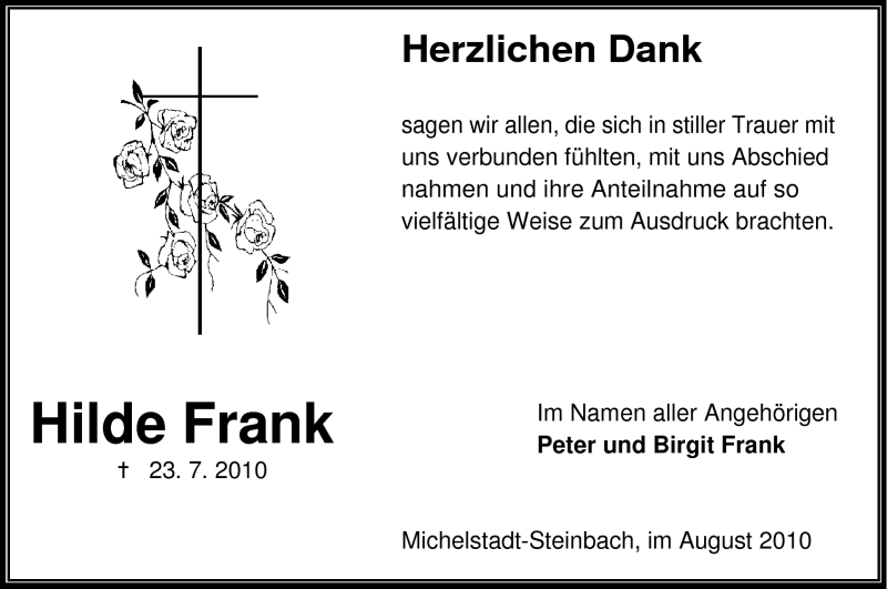  Traueranzeige für Hilde Frank vom 11.08.2010 aus Odenwälder Echo