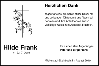 Traueranzeige von Hilde Frank von Odenwälder Echo