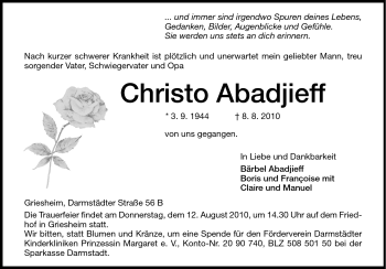 Traueranzeige von Christo Abadjieff von Darmstädter Echo, Odenwälder Echo, Rüsselsheimer Echo, Groß-Gerauer-Echo, Ried Echo