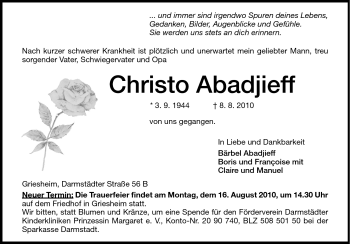 Traueranzeige von Christo Abadjieff von Darmstädter Echo, Odenwälder Echo, Rüsselsheimer Echo, Groß-Gerauer-Echo, Ried Echo
