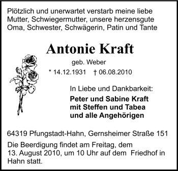 Traueranzeige von Antonie Kraft von Echo-Zeitungen (Gesamtausgabe)