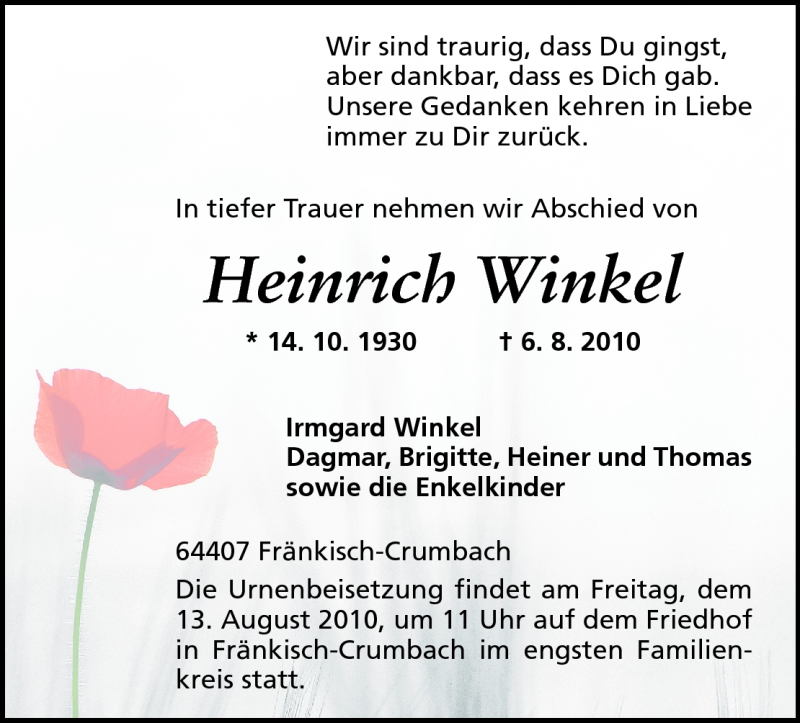  Traueranzeige für Heinrich Winkel vom 11.08.2010 aus Darmstädter Echo, Odenwälder Echo, Rüsselsheimer Echo, Groß-Gerauer-Echo, Ried Echo