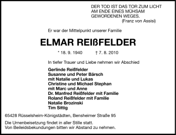 Traueranzeige von Elmar Reißfelder von Rüsselsheimer Echo, Groß-Gerauer-Echo, Ried Echo