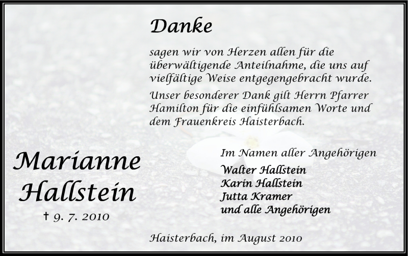  Traueranzeige für Marianne Hallstein vom 14.08.2010 aus Odenwälder Echo