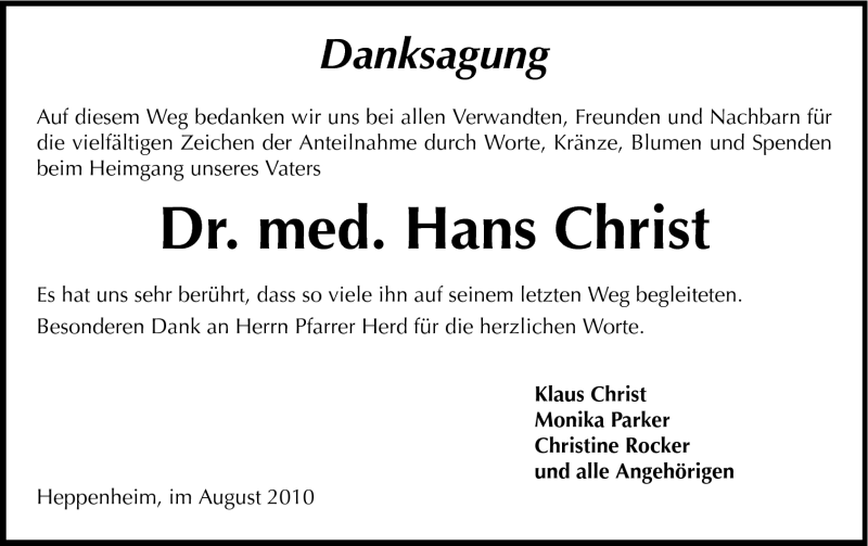  Traueranzeige für Hans Christ vom 14.08.2010 aus Starkenburger Echo, Bergsträßer Anzeiger