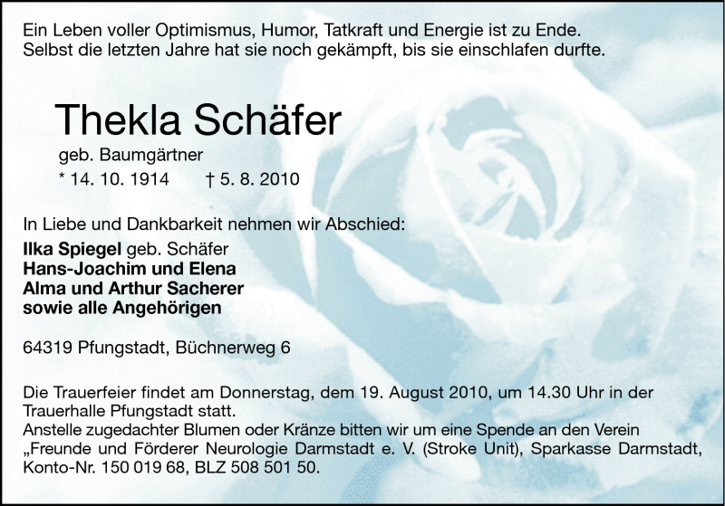  Traueranzeige für Thekla Schäfer vom 14.08.2010 aus Echo-Zeitungen (Gesamtausgabe)