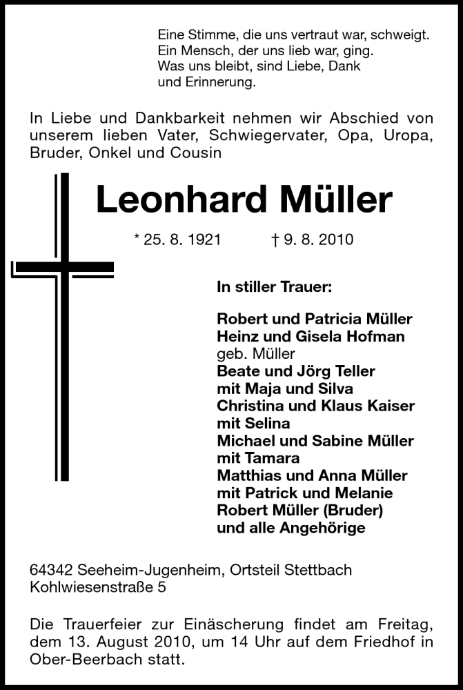  Traueranzeige für Leonhard Müller vom 11.08.2010 aus Echo-Zeitungen (Gesamtausgabe)