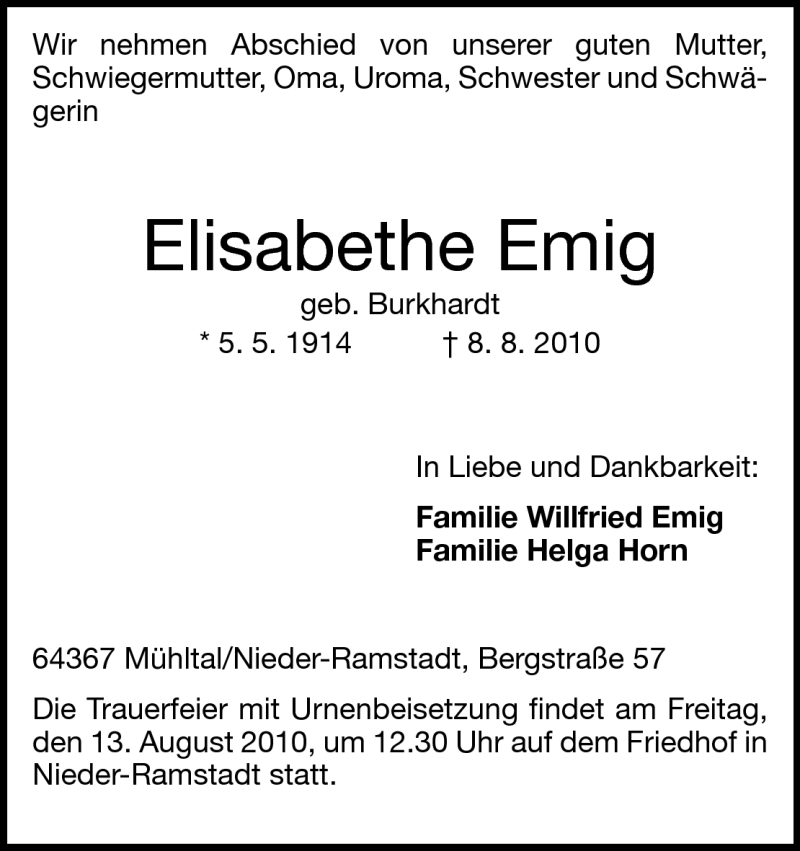  Traueranzeige für Elisabeth Emig vom 11.08.2010 aus Echo-Zeitungen (Gesamtausgabe)